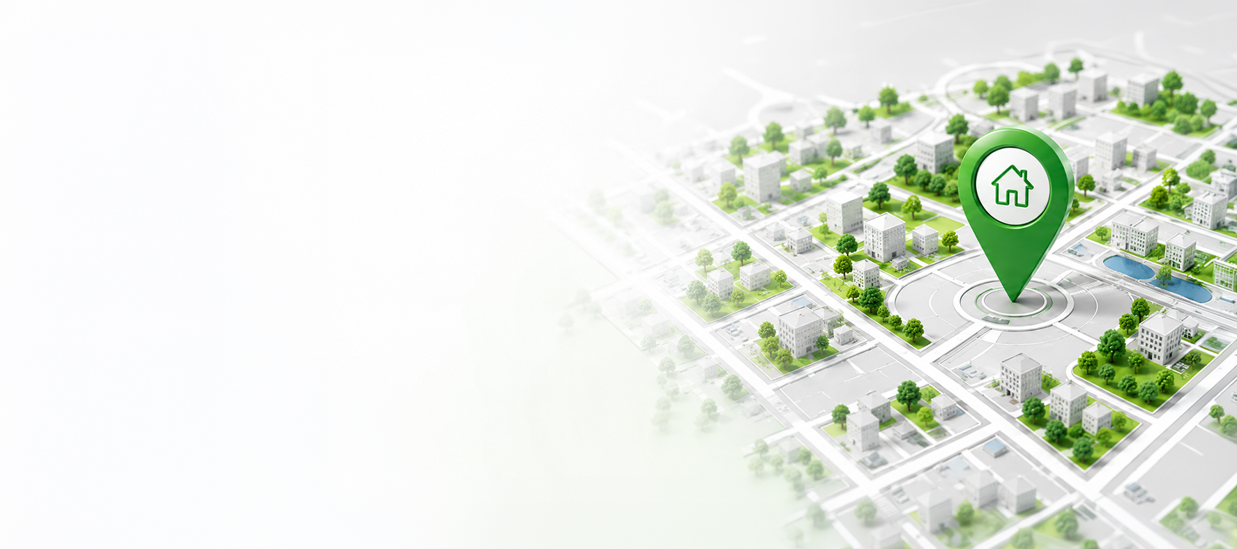 Aerial map view of a green residential neighborhood with a location pin marking a property